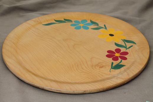 photo of Scandinavian mod vintage serving tray, round wood tray w/ painted daisies #1