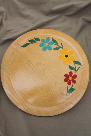 photo of Scandinavian mod vintage serving tray, round wood tray w/ painted daisies #2