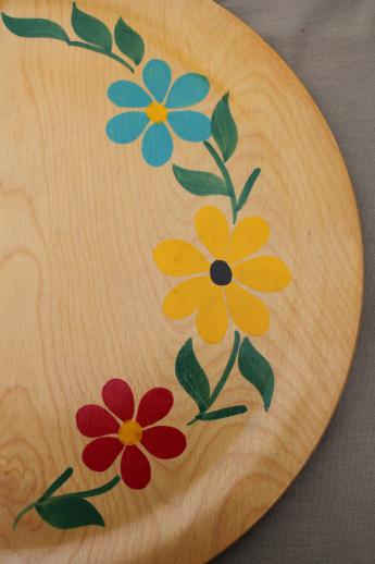 photo of Scandinavian mod vintage serving tray, round wood tray w/ painted daisies #4