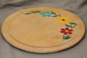 catalog photo of Scandinavian mod vintage serving tray, round wood tray w/ painted daisies