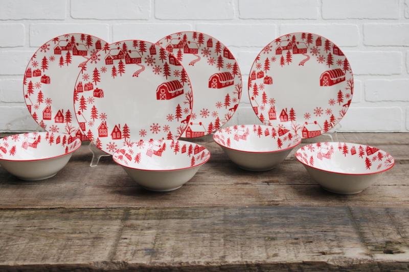photo of Scandinavian modern style holiday china Christmas dishes red on white barns winter village plates & bowls  #1