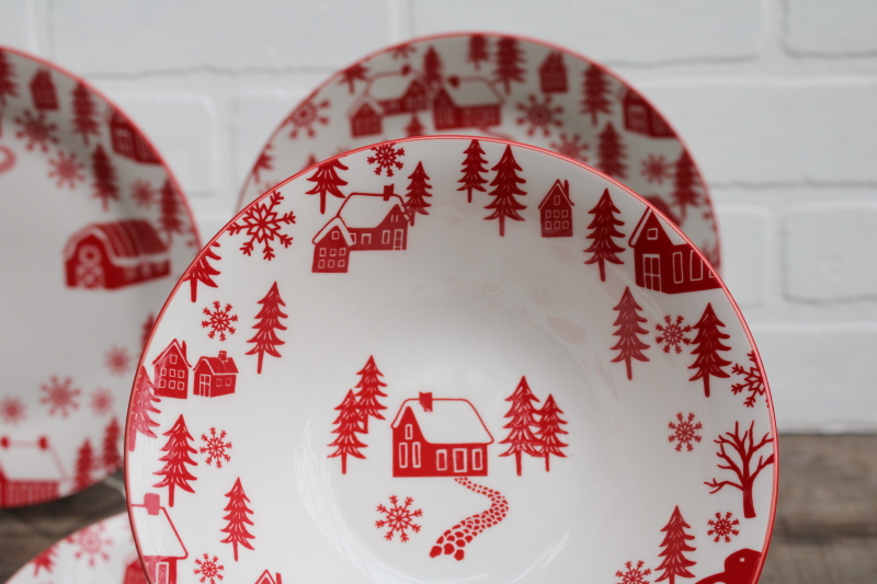 photo of Scandinavian modern style holiday china Christmas dishes red on white barns winter village plates & bowls #2