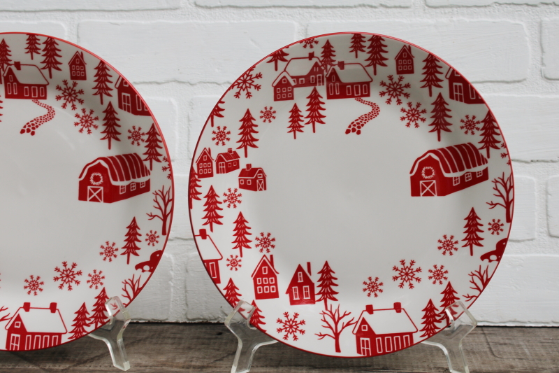 photo of Scandinavian modern style holiday china Christmas dishes red on white barns winter village plates & bowls #3