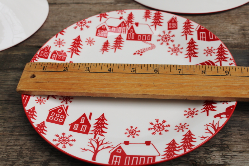 photo of Scandinavian modern style holiday china Christmas dishes red on white barns winter village plates & bowls #5