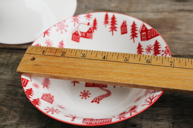 photo of Scandinavian modern style holiday china Christmas dishes red on white barns winter village plates & bowls #6