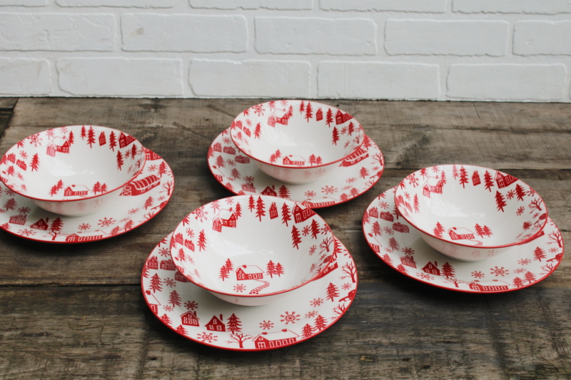photo of Scandinavian modern style holiday china Christmas dishes red on white barns winter village plates & bowls #7