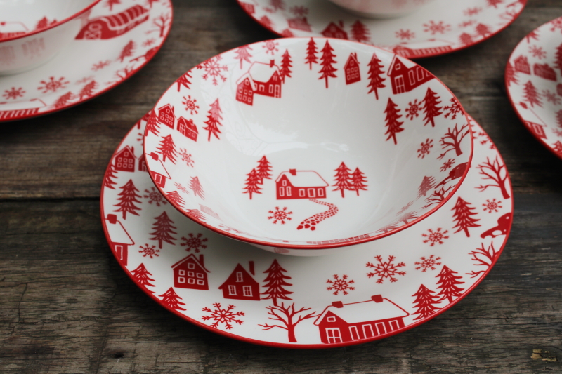 photo of Scandinavian modern style holiday china Christmas dishes red on white barns winter village plates & bowls #8