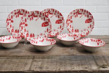 catalog photo of Scandinavian modern style holiday china Christmas dishes red on white barns winter village plates & bowls 