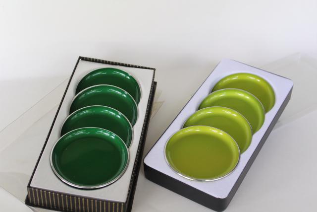 photo of Scandinavian modern vintage Emalox coasters mint in box, forest & apple green enamel metal #1