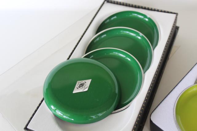 photo of Scandinavian modern vintage Emalox coasters mint in box, forest & apple green enamel metal #2