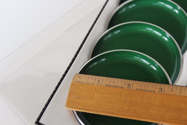 photo of Scandinavian modern vintage Emalox coasters mint in box, forest & apple green enamel metal #3