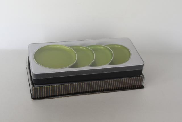 photo of Scandinavian modern vintage Emalox coasters mint in box, forest & apple green enamel metal #4