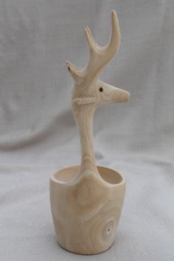 photo of Scandinavian style hand carved wooden bowl w/ stag deer, natural wood bowl #5