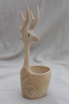 catalog photo of Scandinavian style hand carved wooden bowl w/ stag deer, natural wood bowl