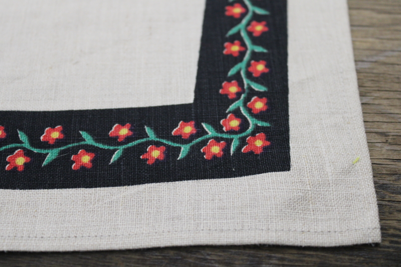 photo of Scandinavian style vintage natural flax linen napkins, folk art flowers print border #2