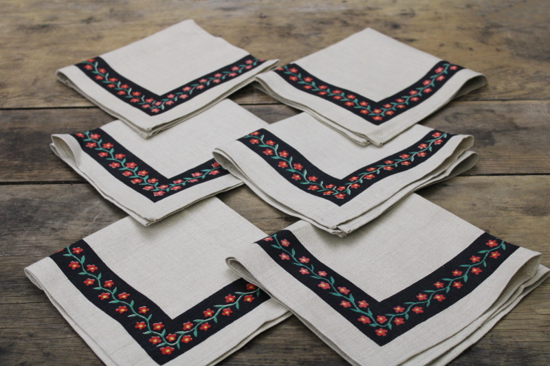 photo of Scandinavian style vintage natural flax linen napkins, folk art flowers print border #5