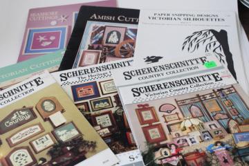 catalog photo of Scherenschnitte paper cutting books, pattern printed designs traditional frameable art silhouettes mottos animals 