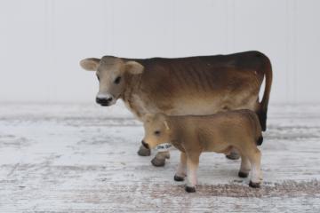 catalog photo of Schleich Brown Swiss cow & calf, dairy breed models, collectible toy animals