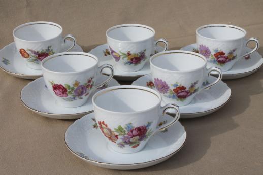 photo of Schumann Bavaria Dresden floral teacups & saucers, embossed white china w/ flowers #1