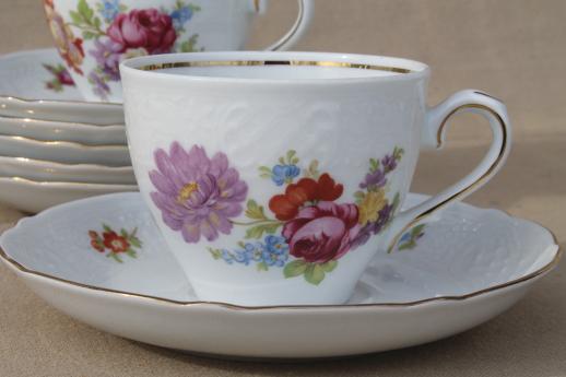 photo of Schumann Bavaria Dresden floral teacups & saucers, embossed white china w/ flowers #4