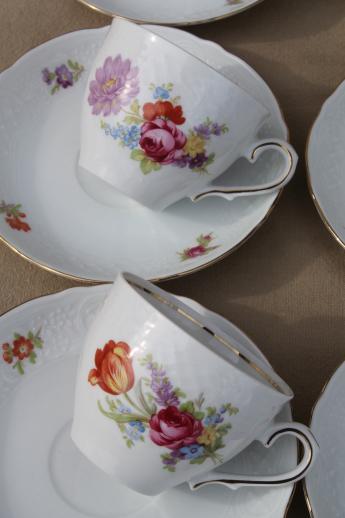 photo of Schumann Bavaria Dresden floral teacups & saucers, embossed white china w/ flowers #6