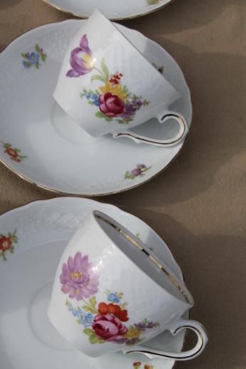 photo of Schumann Bavaria Dresden floral teacups & saucers, embossed white china w/ flowers #7