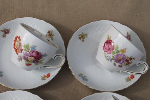 photo of Schumann Bavaria Dresden floral teacups & saucers, embossed white china w/ flowers #8