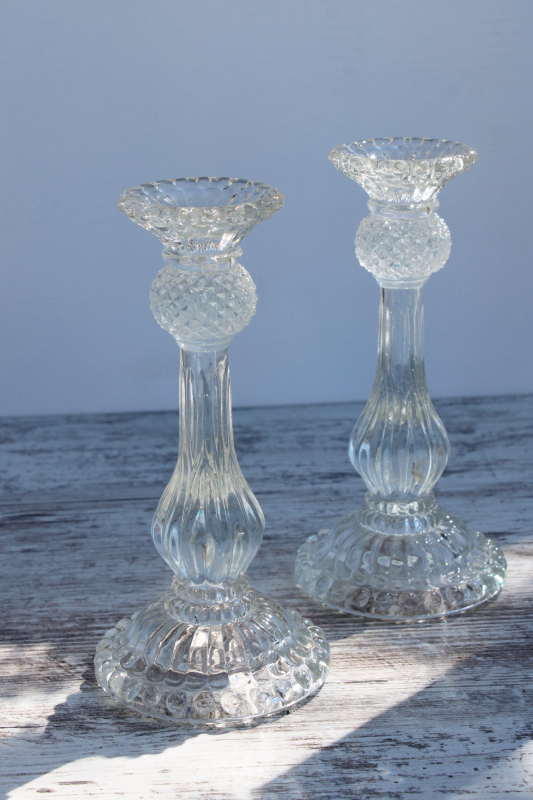 photo of Scots thistle pattern vintage pressed glass candlesticks, tall candle holders Scottish thistles #1
