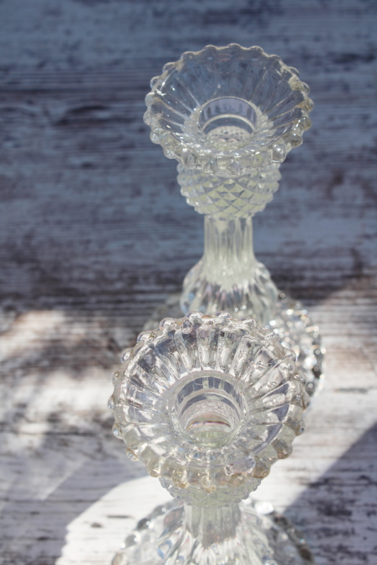 photo of Scots thistle pattern vintage pressed glass candlesticks, tall candle holders Scottish thistles #3