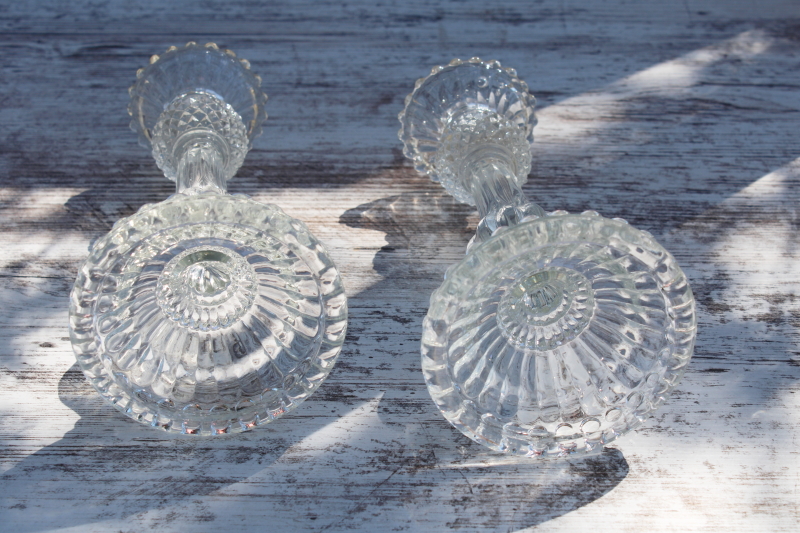 photo of Scots thistle pattern vintage pressed glass candlesticks, tall candle holders Scottish thistles #5