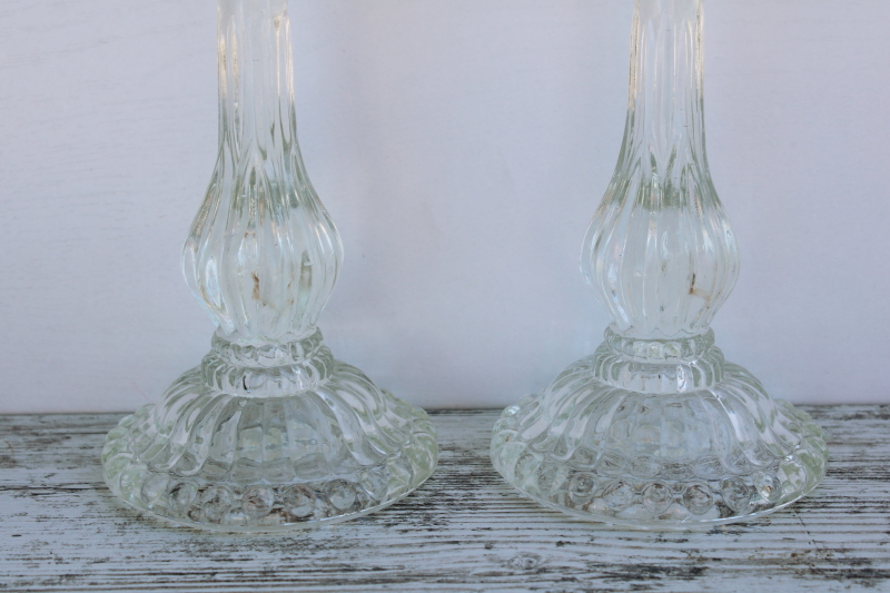 photo of Scots thistle pattern vintage pressed glass candlesticks, tall candle holders Scottish thistles #6