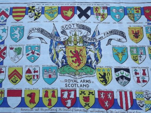 photo of Scottish coat of arms heraldric emblems, linen tea towel w/ Scots clans heraldry #1