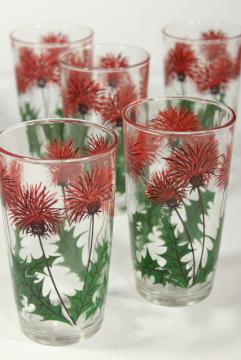 catalog photo of Scottish thistle print glass drinking glasses, mid-century vintage swanky swigs