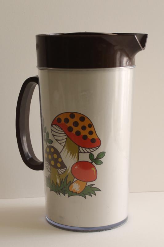 photo of Sears Merry Mushroom 70s vintage Thermo-Serv plastic pitcher w/ lid, retro mushrooms #1