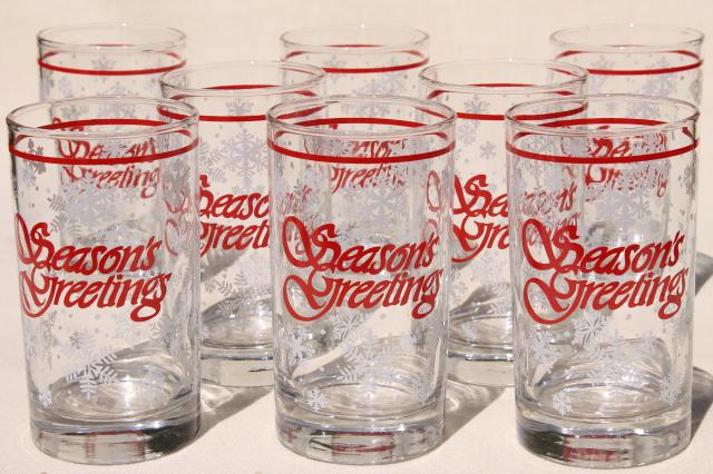 photo of Season's Greetings holiday drinking glasses, retro Christmas snowflakes white & red #1