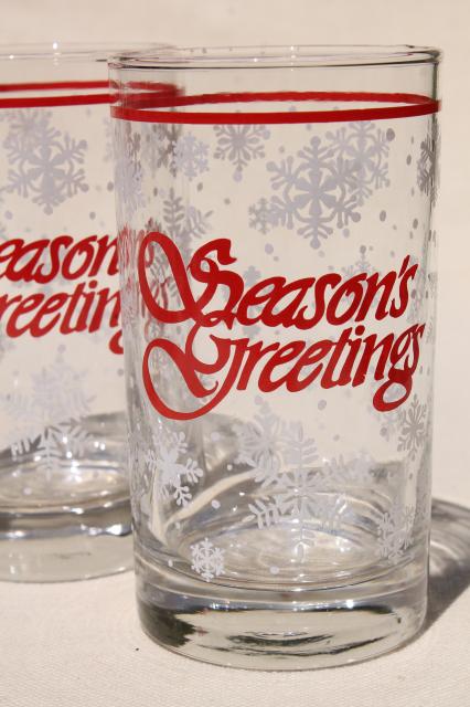 photo of Season's Greetings holiday drinking glasses, retro Christmas snowflakes white & red #2