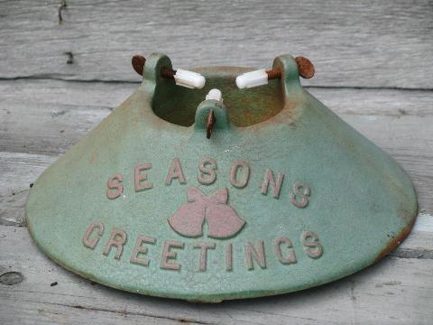 photo of Season's Greetings old cast iron Christmas tree stand, green and red #1