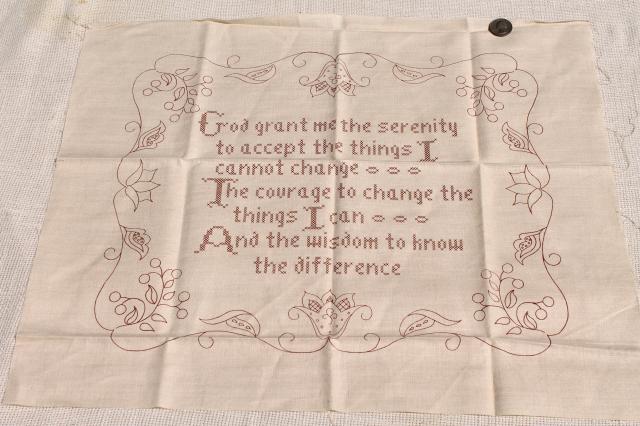 photo of Serenity prayer motto on linen stamped for embroidery, needlework sampler to stitch #1