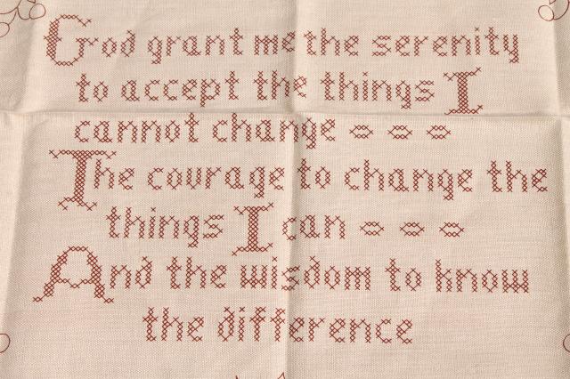 photo of Serenity prayer motto on linen stamped for embroidery, needlework sampler to stitch #4