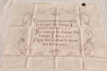 catalog photo of Serenity prayer motto on linen stamped for embroidery, needlework sampler to stitch