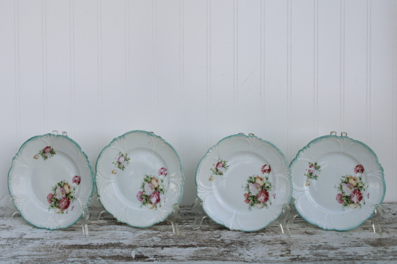 photo of Shabby vintage floral china plates, tiny sandwich or cake plates w/ fancy scalloped edge mint green border #1