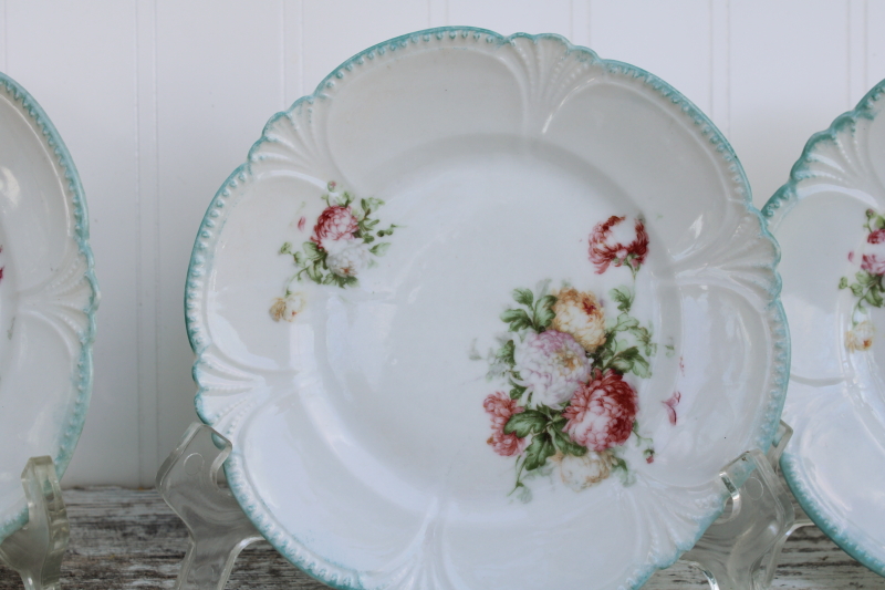 photo of Shabby vintage floral china plates, tiny sandwich or cake plates w/ fancy scalloped edge mint green border #2