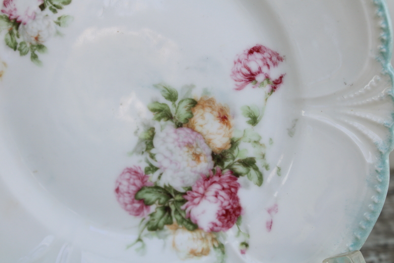 photo of Shabby vintage floral china plates, tiny sandwich or cake plates w/ fancy scalloped edge mint green border #3