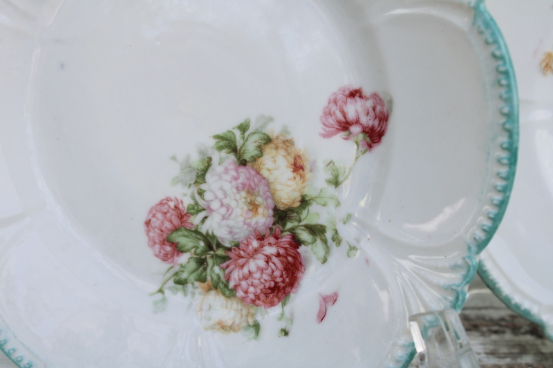 photo of Shabby vintage floral china plates, tiny sandwich or cake plates w/ fancy scalloped edge mint green border #4