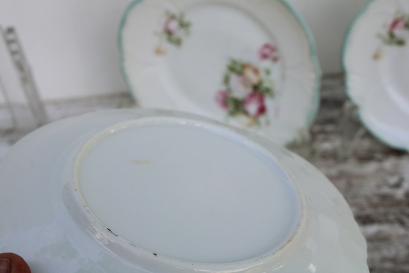 photo of Shabby vintage floral china plates, tiny sandwich or cake plates w/ fancy scalloped edge mint green border #6