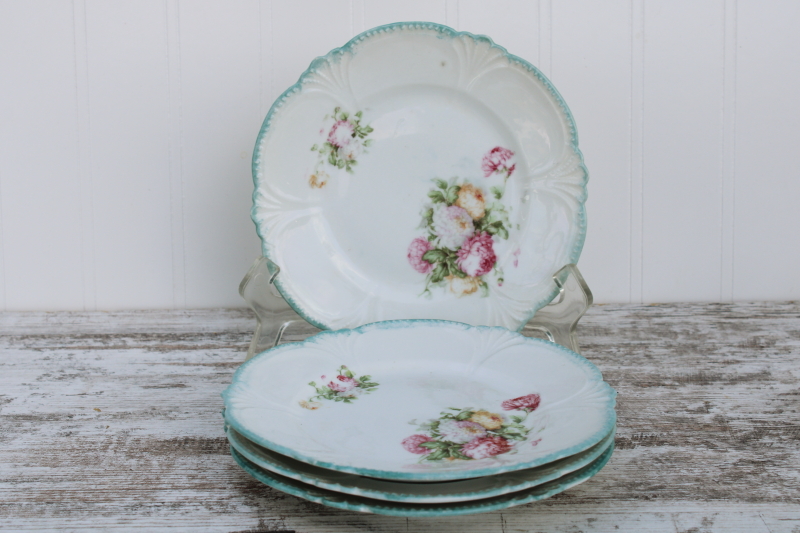 photo of Shabby vintage floral china plates, tiny sandwich or cake plates w/ fancy scalloped edge mint green border #7