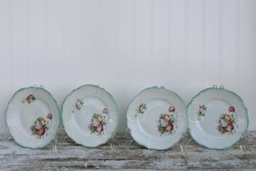 catalog photo of Shabby vintage floral china plates, tiny sandwich or cake plates w/ fancy scalloped edge mint green border