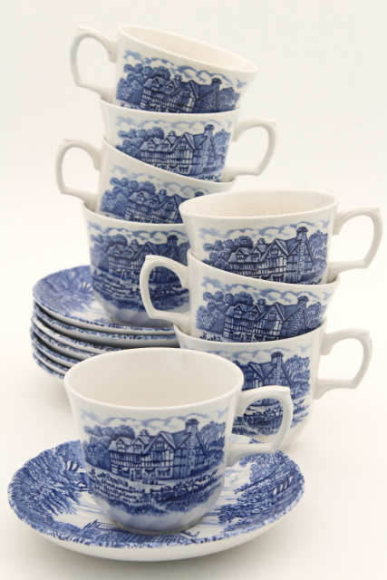 photo of Shakespeare's Country vintage blue & white English transferware china tea cups & saucers #1