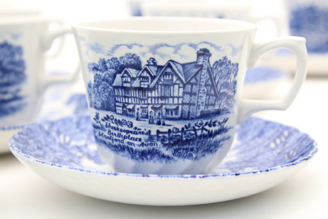 photo of Shakespeare's Country vintage blue & white English transferware china tea cups & saucers #3