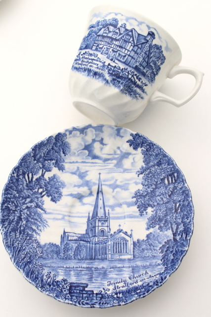 photo of Shakespeare's Country vintage blue & white English transferware china tea cups & saucers #4